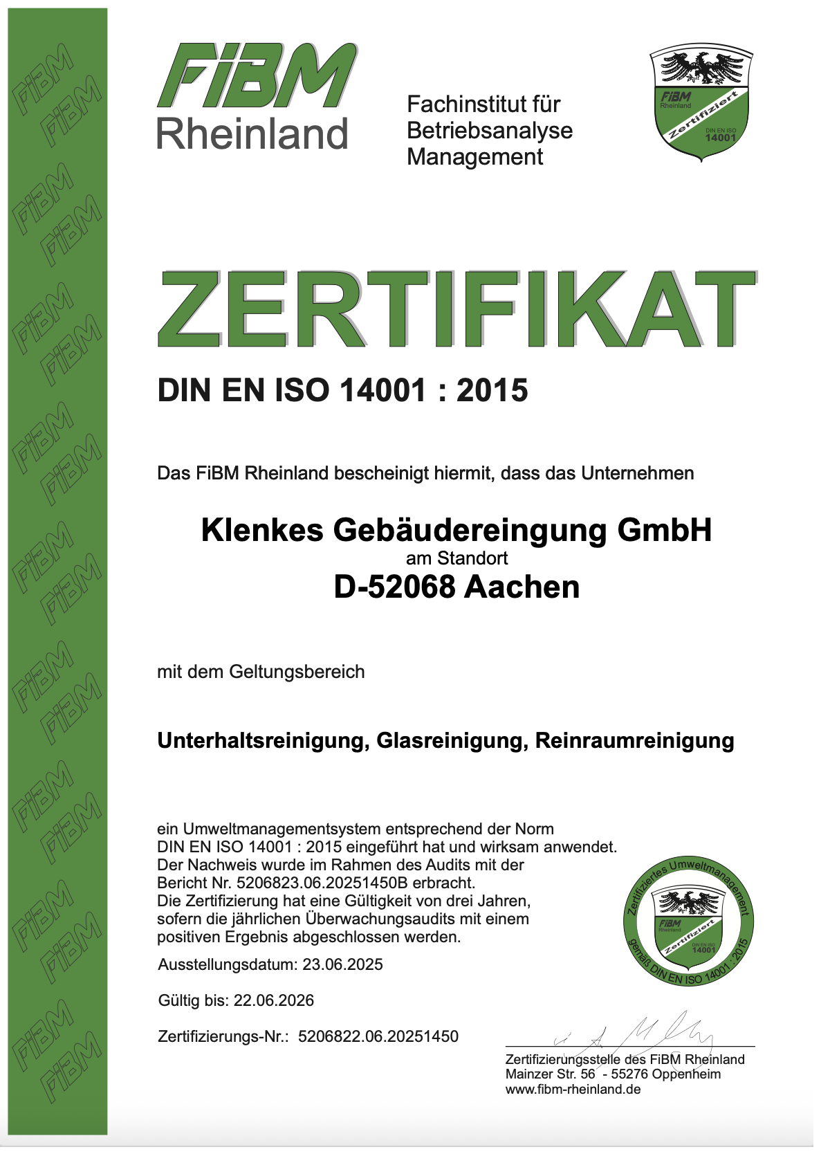 Zertifikat DIN EN ISO 14001:2015 der Klenkes Gebäudereingung GmbH, ausgestellt vom FiBM Rheinland