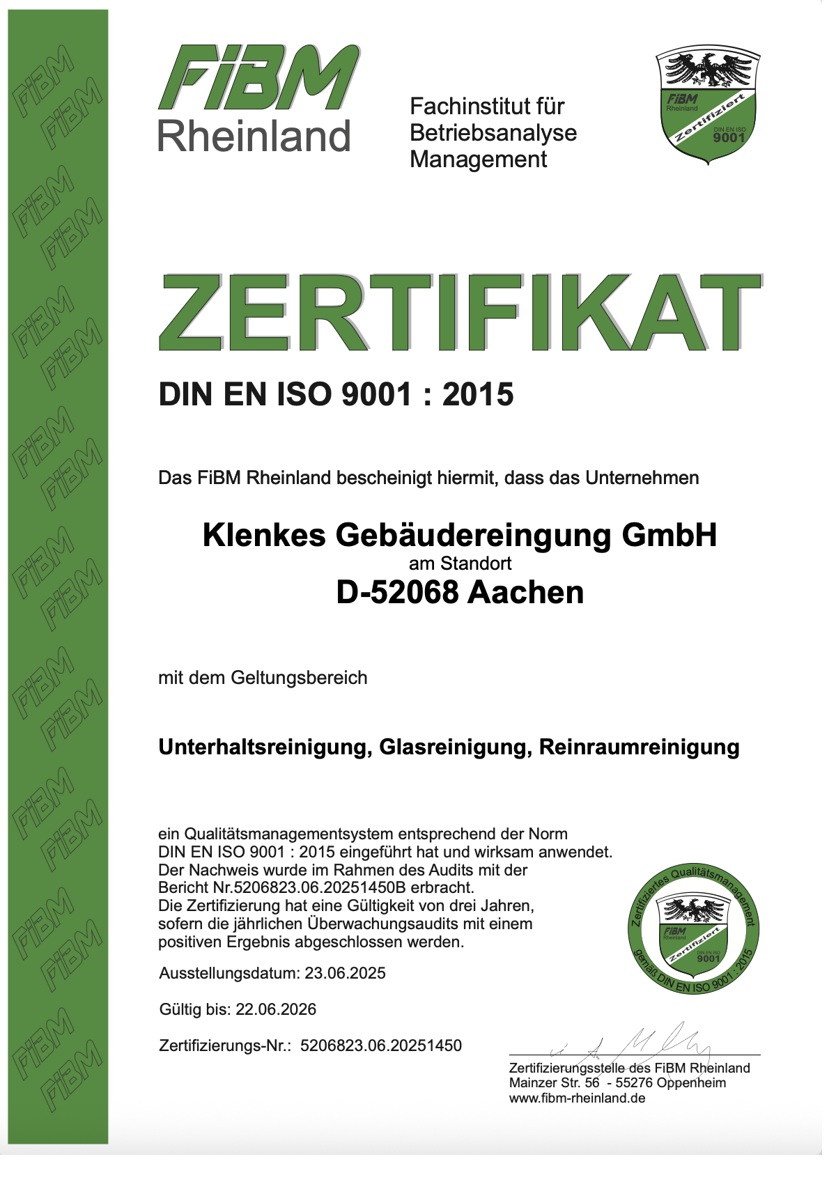 Zertifikat DIN EN ISO 9001:2015 der Klenkes Gebäudereingung GmbH, ausgestellt vom FiBM Rheinland